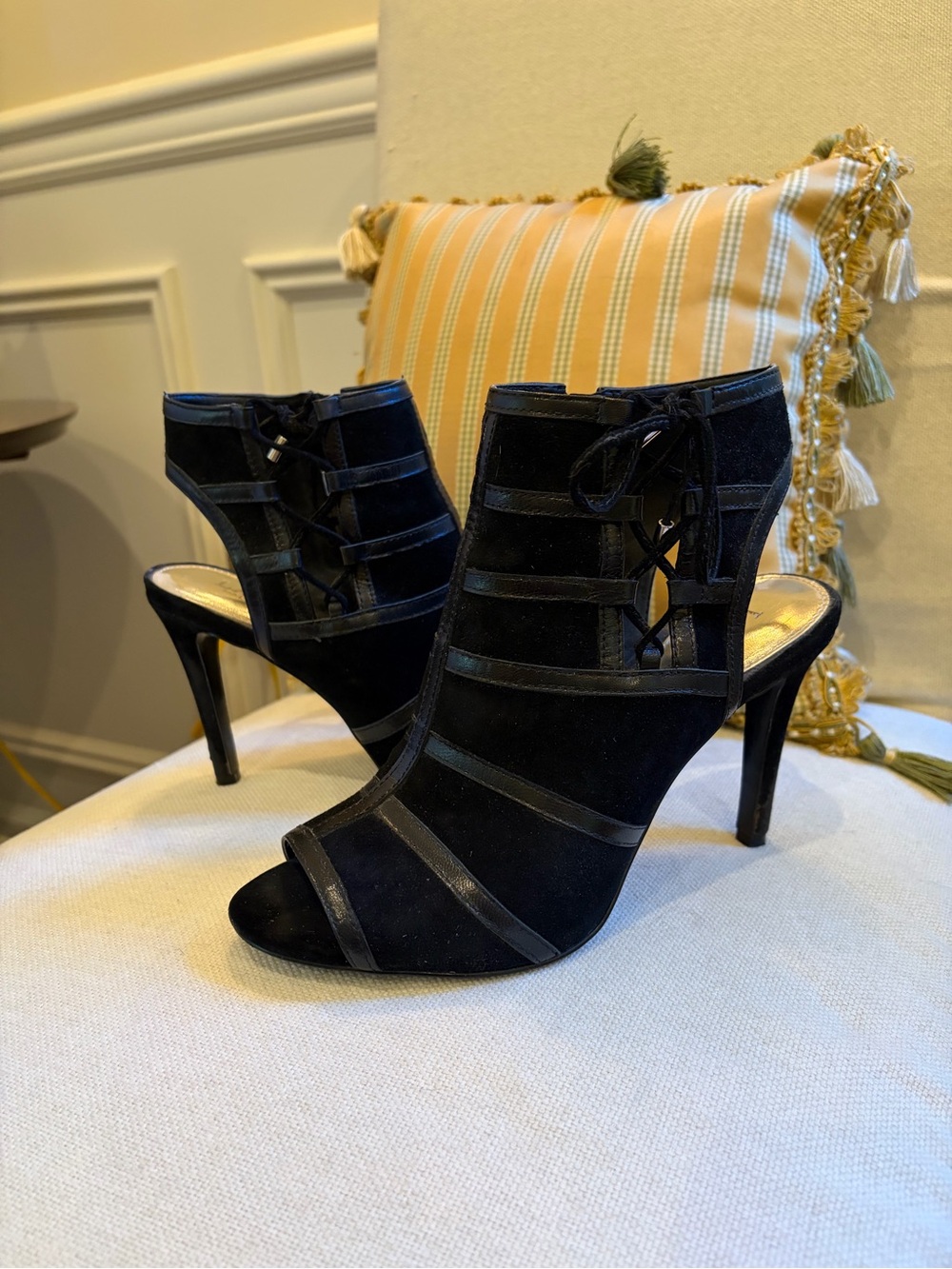 Ralph Lauren Black Strappy Peep-Toe Stiletto Booties